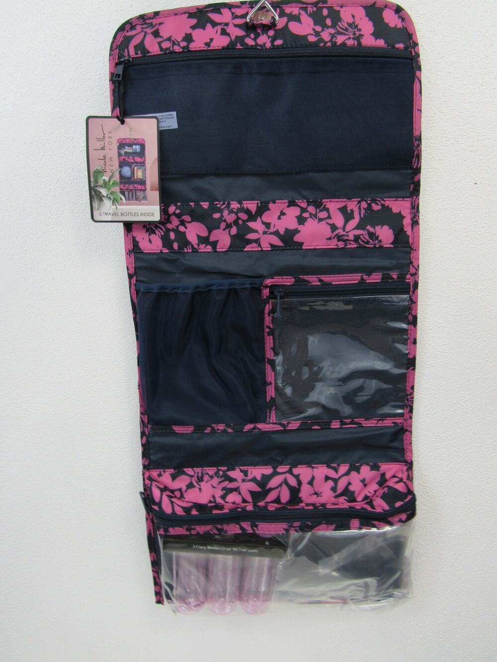 NWT Nicole Miller Hanging Cosmetic Bag Black Fuchsia Floral Print Travel Bottles